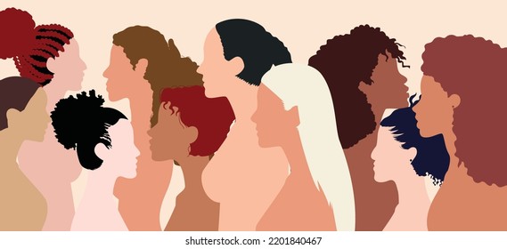 Introducing your head face profile. Social network community for women. Diversity of cultures. Multi-ethnic and intercultural group of women and girls.