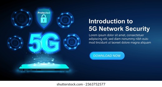 Introduction to 5G network security. Smartphone device isometric blue 3d flat. Web and cyber security technology and High-level mobile security. Vector Web banner.