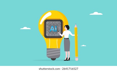 Introduction to AI, artificial intelligence to help and support work success, AI as the control center, innovation to change business, business woman presents light bulb idea with AI chip