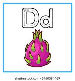 Introduction to the alphabet with examples. D is for dragon fruit. Suitable for children's practice and great for toddlers' flash cards
