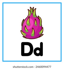 Introduction to the alphabet with examples. D is for dragon fruit. Suitable for children's practice and great for toddlers' flash cards