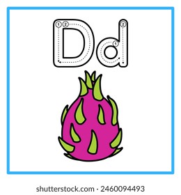 Introduction to the alphabet with examples. D is for dragon fruit. Suitable for children's practice and great for toddlers' flash cards