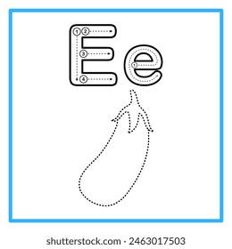 Introducción al alfabeto con ejemplos. E es para berenjena. Conveniente para la práctica de los niños y grande para las tarjetas del flash de los niños pequeños