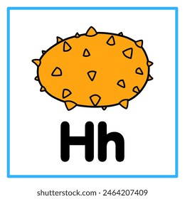 Introducción al alfabeto con ejemplos. H es para el melón cornudo. Conveniente para la práctica de los niños y grande para las tarjetas del flash de los niños pequeños