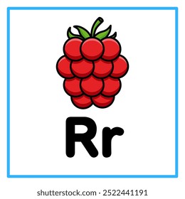 Introduction to the alphabet with examples. R is for raspberry. Suitable for children's practice and great for toddlers' flash cards