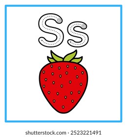 Einführung in das Alphabet mit Beispielen. S steht für Erdbeere. Geeignet für Kindertraining und ideal für Kleinkinder-Flash-Karten