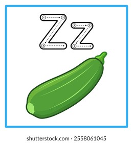 Introduction to the alphabet with examples. Z is for zucchini. Suitable for children's practice and great for toddlers' flash cards