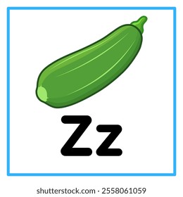 Introduction to the alphabet with examples. Z is for zucchini. Suitable for children's practice and great for toddlers' flash cards