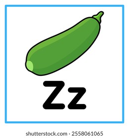 Introduction to the alphabet with examples. Z is for zucchini. Suitable for children's practice and great for toddlers' flash cards