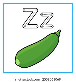 Introduction to the alphabet with examples. Z is for zucchini. Suitable for children's practice and great for toddlers' flash cards