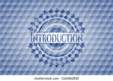 Introduction blue emblem with geometric background.