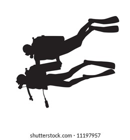 Introduction diving silhouette. Diver with instructor