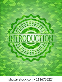 Introduction green emblem. Mosaic background