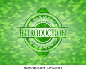 Introduction green emblem with mosaic background. Vector Illustration. Detailed.