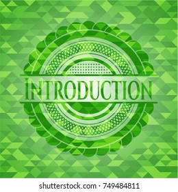 Introduction green emblem. Mosaic background