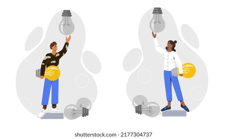 Introduction of innovations. Man and woman entrepreneurs change burned out light bulb to new one. Metaphor for business transformation and new solutions. Cartoon flat vector set isolated on white