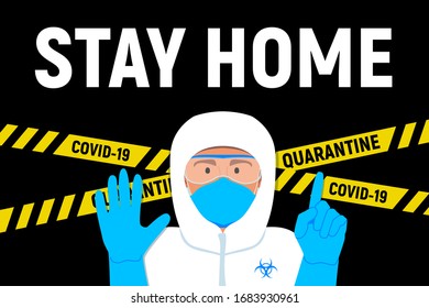 Introduction of quarantine in different countries due to the coronavirus. Employee of the epidemiological service on the black background. Strict regime in the country due to covid-19.