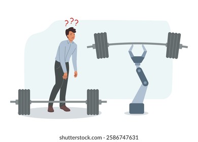 Introduction robotization upsets business man looking at robots arm with heavy barbell. Concept robotization development leading to dismissal and bankruptcy of company employees to improve efficiency