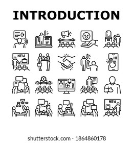 Introduction Speech Collection Icons Set Vector. New Product And Business Case Presentation, Employee And Artificial Intelligence Introduction Black Contour Illustrations