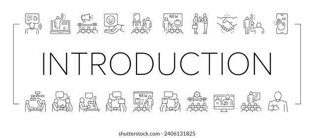 Introducción Colección de voz Icons Set Vector. Presentación De Nuevos Casos De Producto Y Negocio, Introducción A La Inteligencia Artificial E Ilustraciones De Contorno Negro