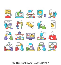 Introduction Speech Collection Icons Set Vector. New Product And Business Case Presentation, Employee And Artificial Intelligence Introduction Concept Linear Pictograms. Contour Illustrations