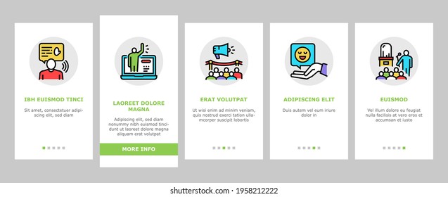 Introduction Speech Onboarding Mobile App Page Screen Vector. New Product And Business Case Presentation, Employee And Artificial Intelligence Introduction Illustrations