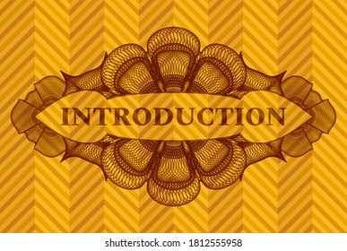 Introduction text inside Currency orange color badge. Geometric handsome background. Intense illustration. 