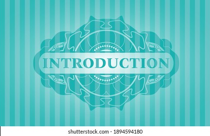 Introduction text inside Turquoise emblem. Bars chic background. Illustration. 