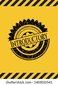 Introductory black grunge emblem inside yellow warning sign. Vector Illustration. Detailed.