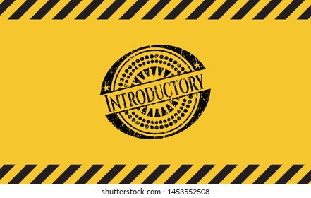 Introductory black grunge emblem inside yellow warning sign. Vector Illustration. Detailed.