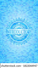 Introductory light blue emblem with triangle mosaic background. 