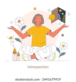 Introspection concept. A serene illustration depicting the journey of self-reflection and awareness, symbolized by meditation and cosmic elements. Inner peace and personal insight in focus.