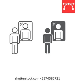 Introspection line and glyph icon, mindfulness and reflection, man standing at mirror vector icon, vector graphics, editable stroke outline sign, eps 10.