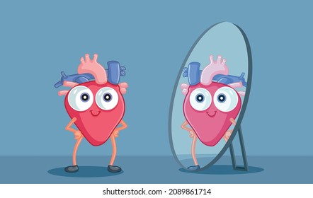 
Introspective Heart Looking in the Mirror Vector Cartoon Illustration. Introspective psychological concept optimistic confident symbol 
