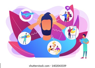 Introversion, agoraphobia, public spaces phobia. Mental illness, stress. Social anxiety disorder, anxiety screening test, anxiety attack concept. Bright vibrant violet vector isolated illustration