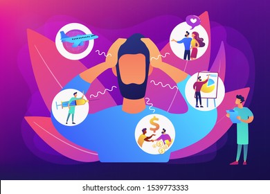 Introversion, agoraphobia, public spaces phobia. Mental illness, stress. Social anxiety disorder, anxiety screening test, anxiety attack concept. Bright vibrant violet vector isolated illustration