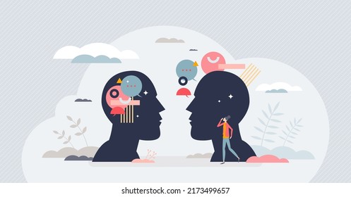 Introversion and extroversion human personality types tiny person concept. Different character social individuality with feelings and emotions expression or holding them inside vector illustration.