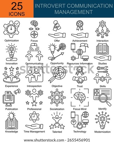 Introvert communication management icons in line style. Containing Optimization, Focus, Offer, Achievement, Interaction, Innovation, Communication, Opportunity, skills, studies and more