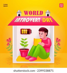 Introvert Day. A man reads an isolated book at home to recharge, 3d vector cartoon