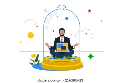 Introvert Disconnected Businessman Working Alone With Computer Laptop Covered Inside Glass Dome. Introvert Working Space, Employee Work Productivity When Working Alone.