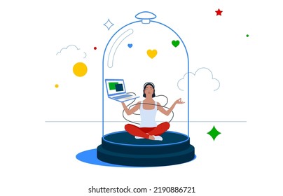 Introvert Disconnected Businesswoman Working Alone With Computer Laptop Covered Inside Glass Dome. Introvert Working Space, Employee Work Productivity When Working Alone.