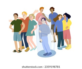 introvert in a dome among people who are having fun and communicating. social isolation, introversion concept, communication difficulties