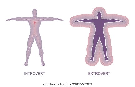 Introvert and extrovert comparison. Human outline silhouettes. Different character social individuality with feelings and emotions expression or holding them inside