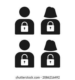 Introvert and Extrovert icon. Man and women icon. Locked and unlocked lock icon. Flat design vector illustration isolated on white background.