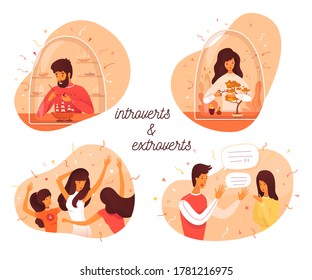 Introvert and extrovert individuality. Introversion man makes ship model, woman takes care of bonsai plants. Extroversion guy talking with people, girl dancing in party club. Vector illustration