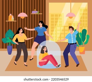 Introvert and extrovert people flat background with sad girl under glass dome and funny teens dancing around her vector illustration