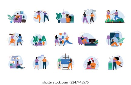 Introvert and extrovert people flat recolor set of persons of various tempers spending time alone and in team of friends isolated vector illustration