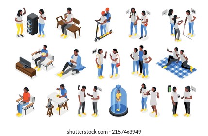 Introvert And Extrovert People Isometric Recolor Set With Joint And Alone Symbols Isolated Vector Illustration