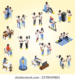 Introvert and extrovert people isometric recolor set with joint and alone symbols isolated vector illustration