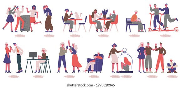Introvert and extrovert people. Unsocial and sociable men and woman, psychological vector illustration set. Extrovert and introvert. Psychology introversion comfort, social intercommunication